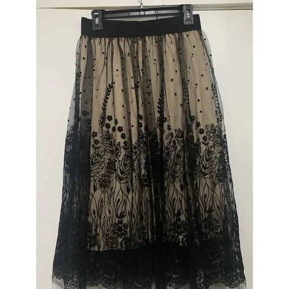 Metro Wear Skirt Black Mesh Floral Overlay Tan Lining Sz PS Elastic Waist 28 - Picture 10 of 14